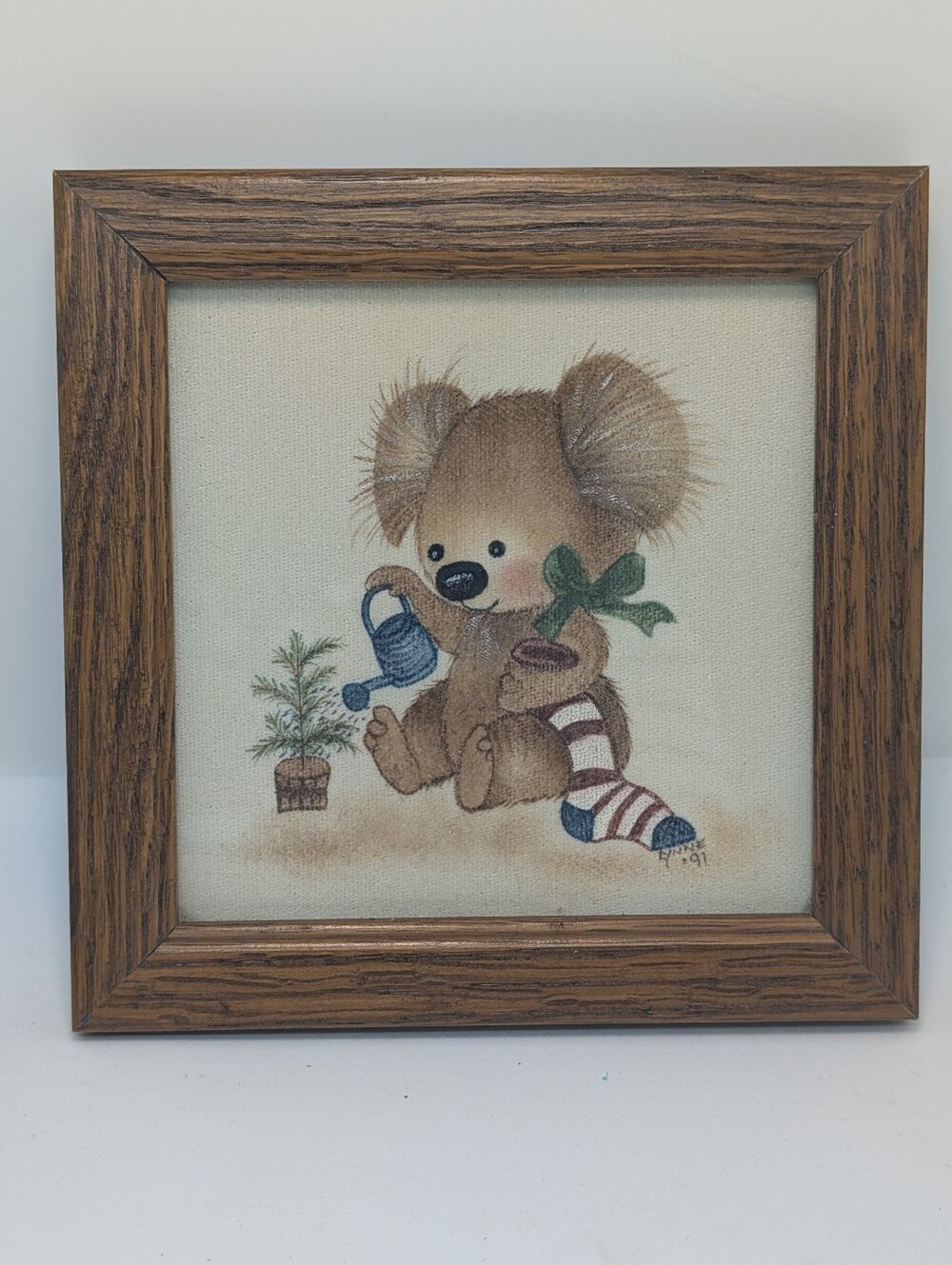 Vintage Framed Koala Bear Watering Plant Art Print Signed